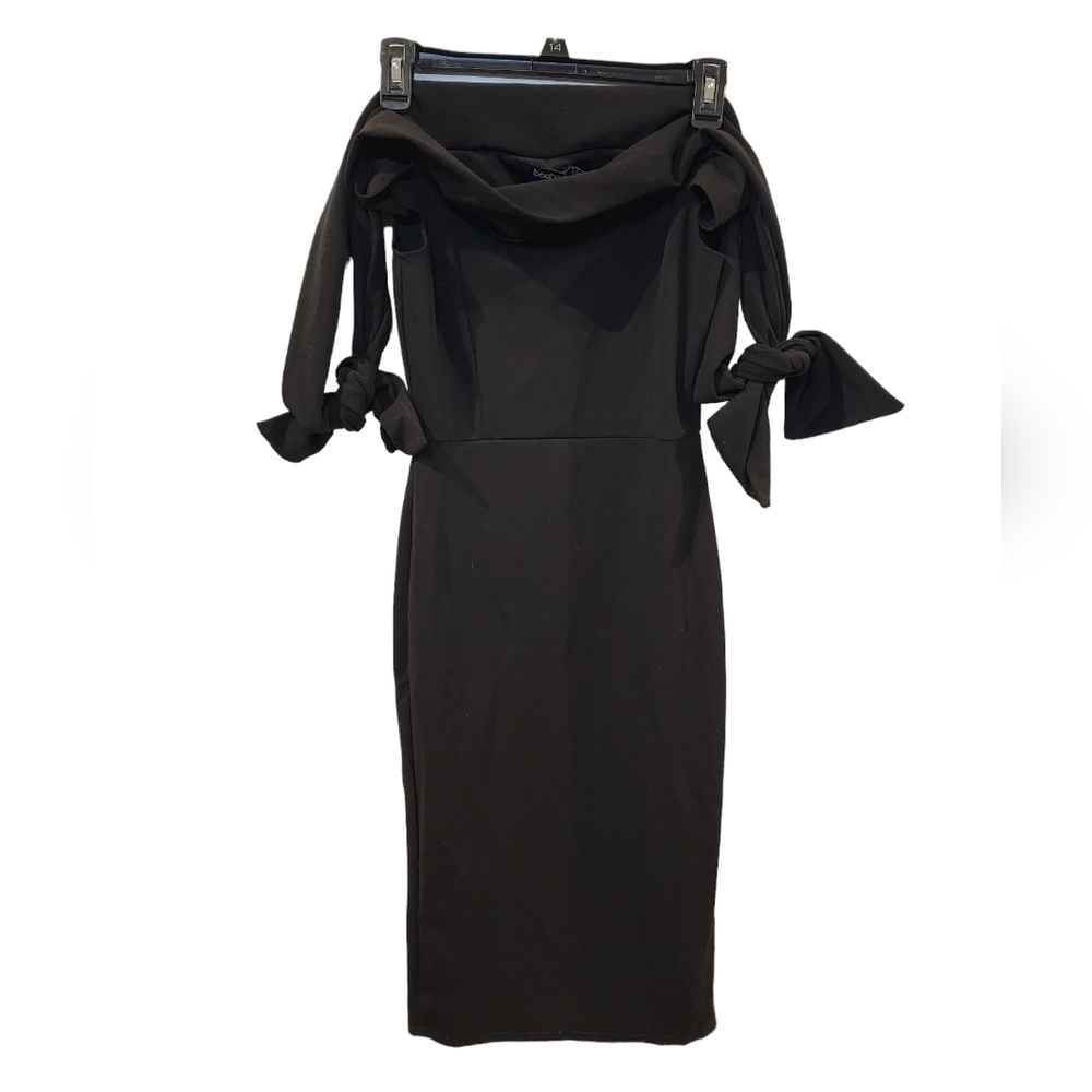 Boohoo Bardot tie detail midi dress, black, little black dress, nwt, size 4 - Picture 7 of 9